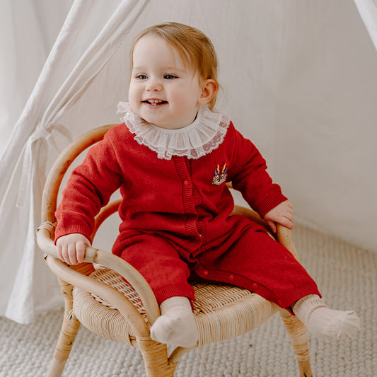 Oak Family Christmas Cotton Knit Romper – Red Collared Crawlers