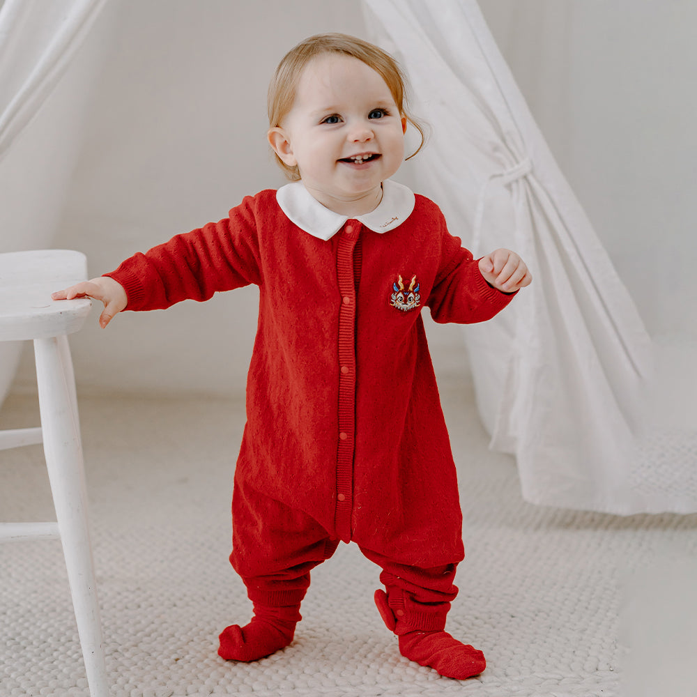 Oak Family Christmas Cotton Knit Romper – Red Collared Crawlers